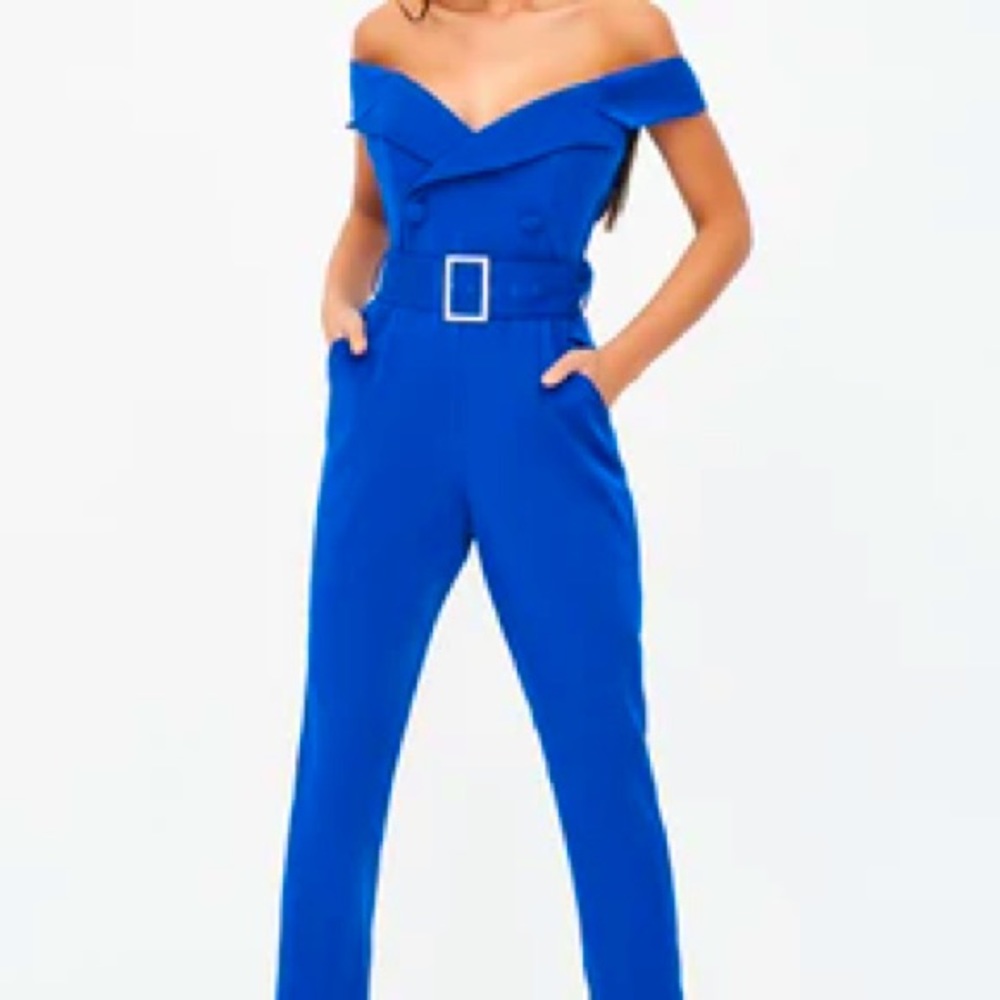 NWT Lavish Alice Off the Shoulder Tux Jumpsuit, Cobalt Blue, SZ US 10